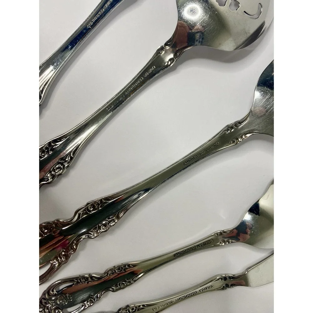 7 - Serving Tablespoon Meat Fork Spoon Pierced Oneida Community BRAHMS Stainless